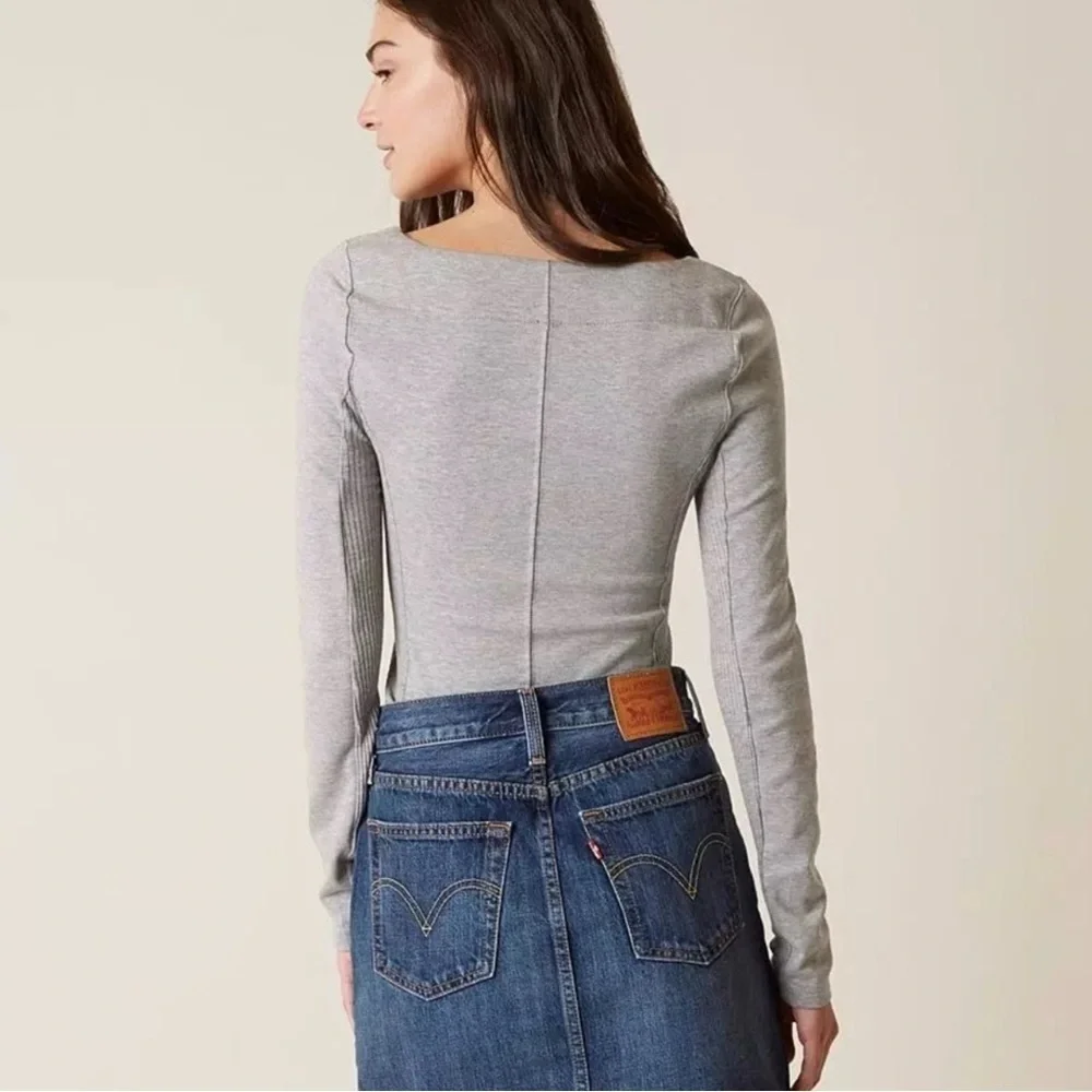 Free People Light Gray Lace-Up Long Sleeve Top